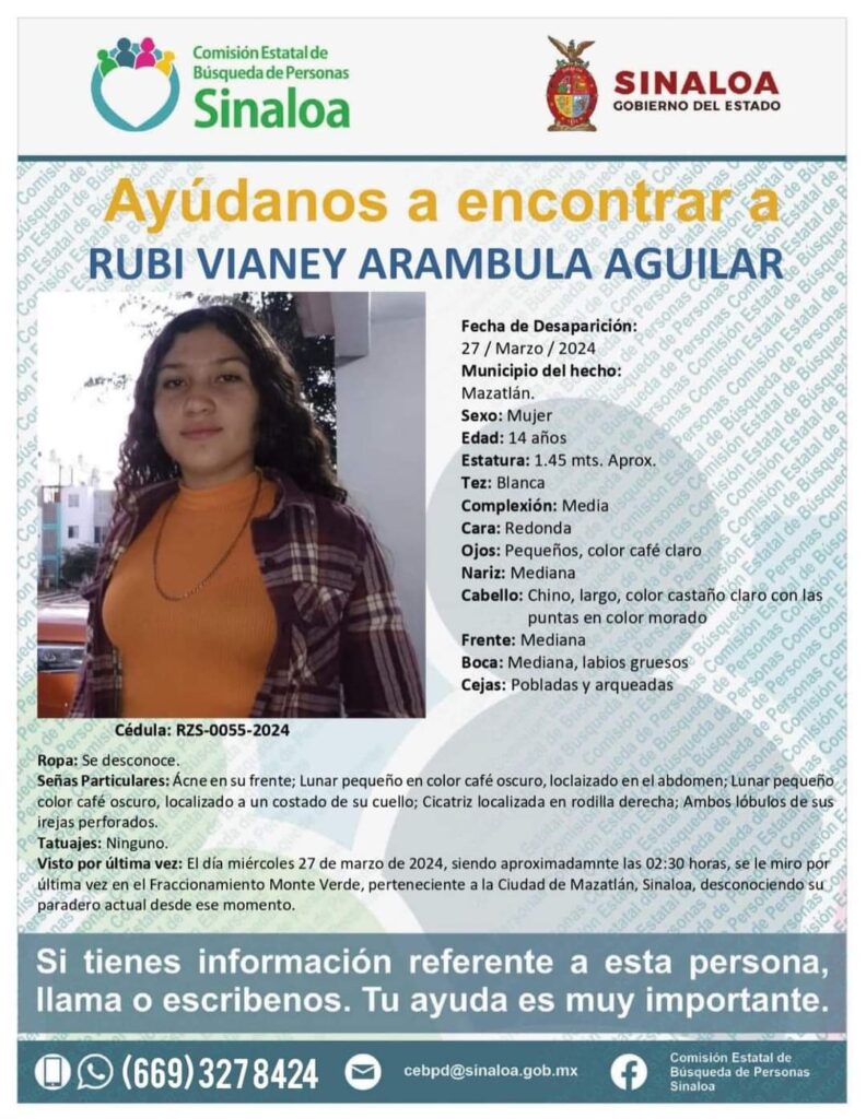 Autoridades llaman a ciudadanía a localizar a Rubi Vianey