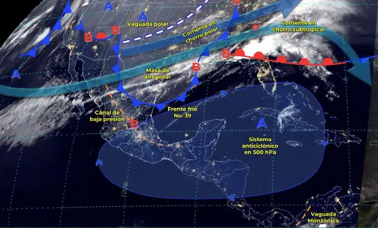 Mapa de los sistemas meteorológicos activos en territorio mexicano