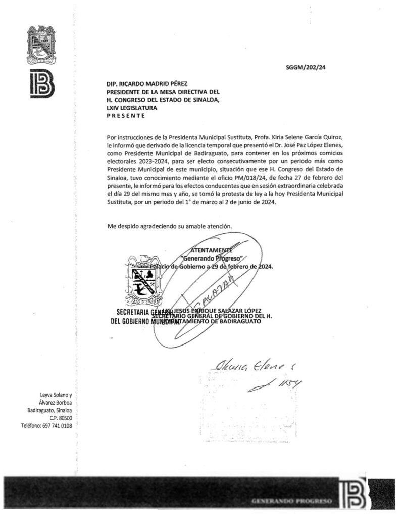 Documento por toma de protesta de Kiria Selene García como alcaldesa de Badiraguato 