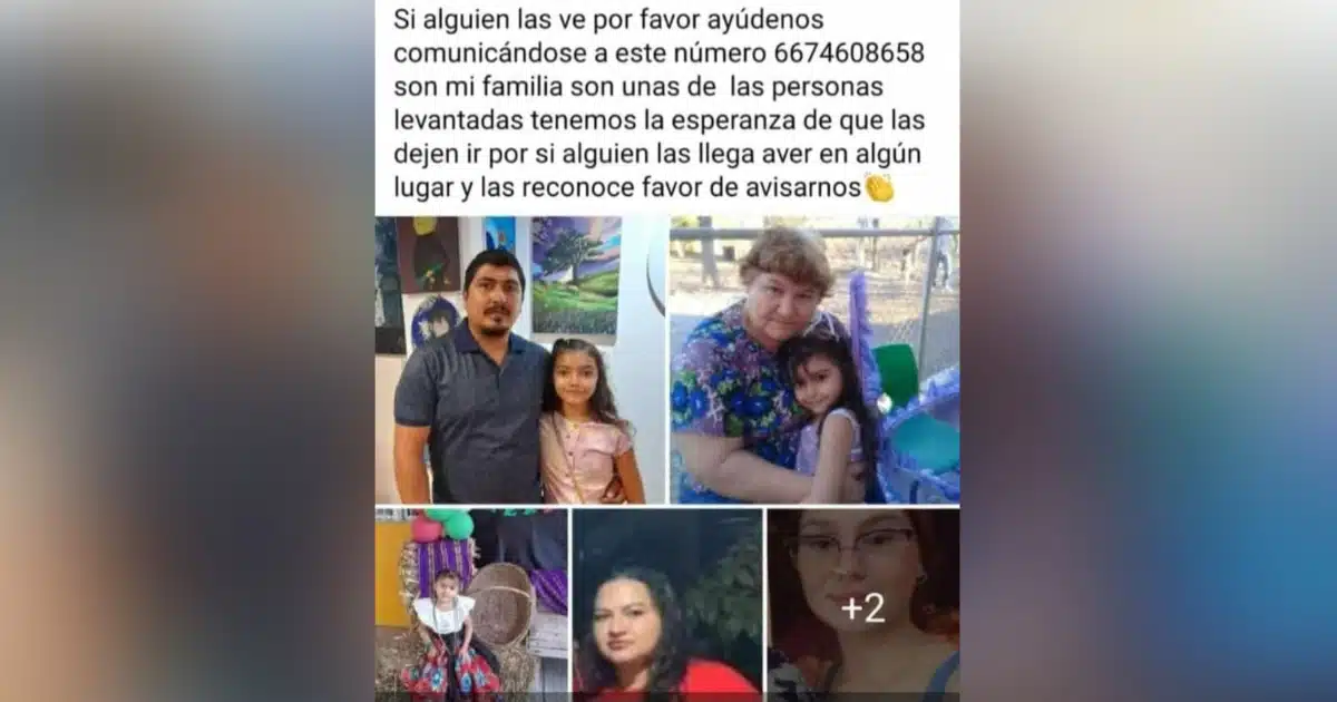 Publicación en redes sociales donde se solicita ayuda para localizar a familiares que fueron privados de su libertad en Culiacán
