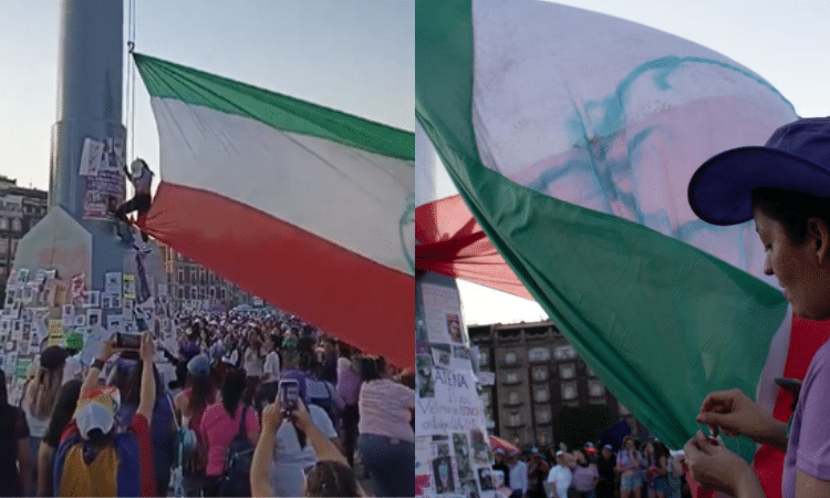 Feministas colocan su propia bandera tricolor en el Zócalo por el 8M