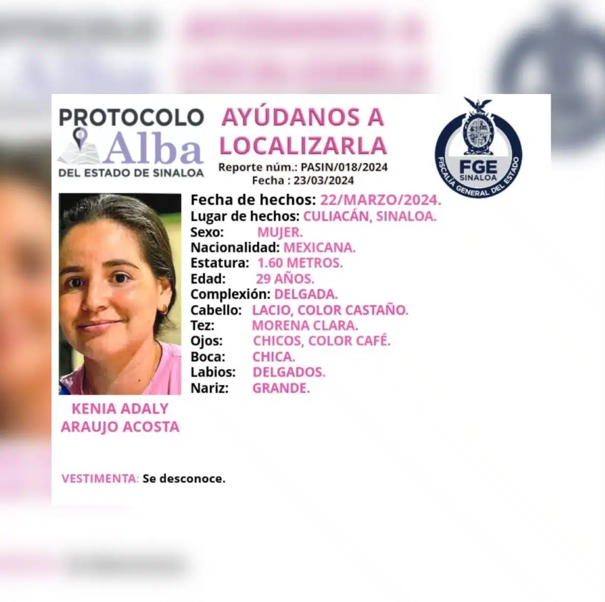 Ficha de FGE por la desaparición de Kenia Adaly