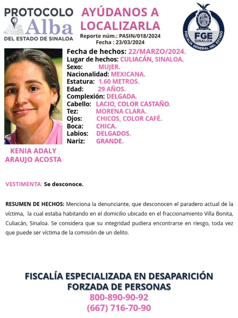 Ficha de FGE por la desaparición de Kenia Adaly