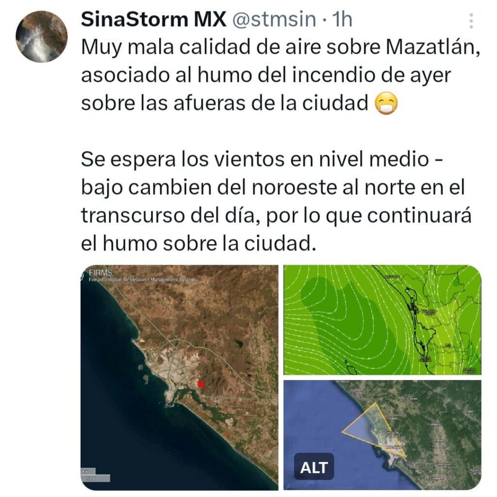 SinaStorm MX publicó en su cuenta de X las condiciones en las que se encuentra Mazatlán, debido al incendió. 