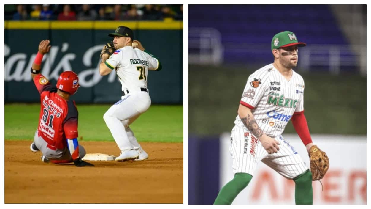 Isaac Rodríguez, segunda base del club Cañeros de Los Mochis Y Juan Carlos Gamboa, short stop de los Yaquis de Cd. Obregón y refuerzo de México en Miami 2024
