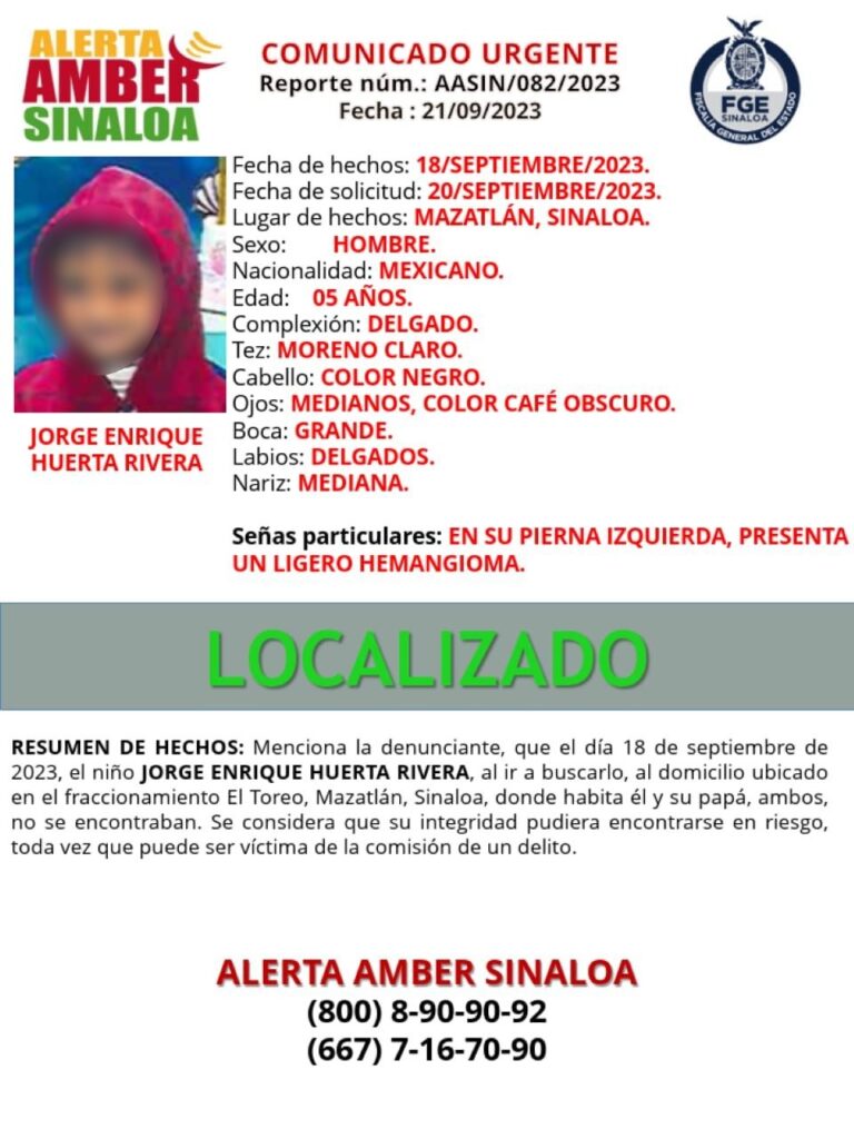 Ficha de búsqueda de Alerta Amber del niño Jorge Enrique en Mazatlán