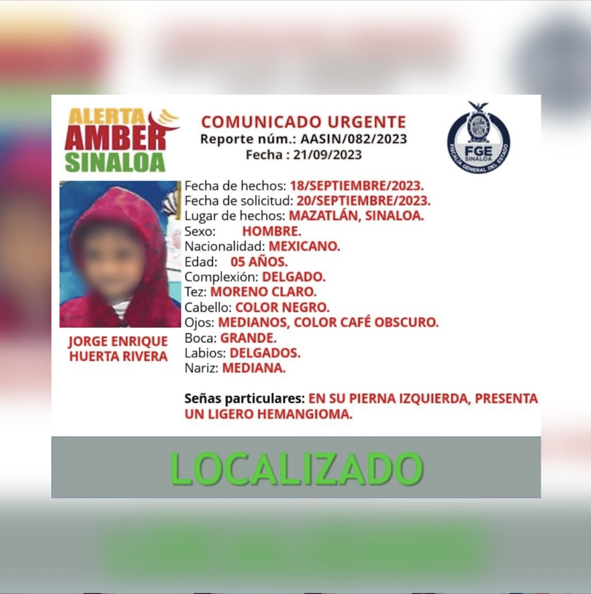Ficha de búsqueda de Alerta Amber del niño Jorge Enrique en Mazatlán
