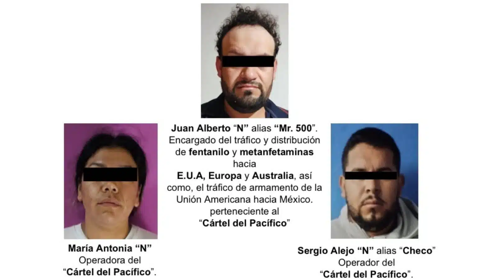 Juan Alberto alias "El Mr.500", presunto operador internacional del Cártel del Pacífico, Sergio Alejo alias "Checo" y María Antonieta fueron detenidos por el Ejército Mexicano en El Amole, Guasave