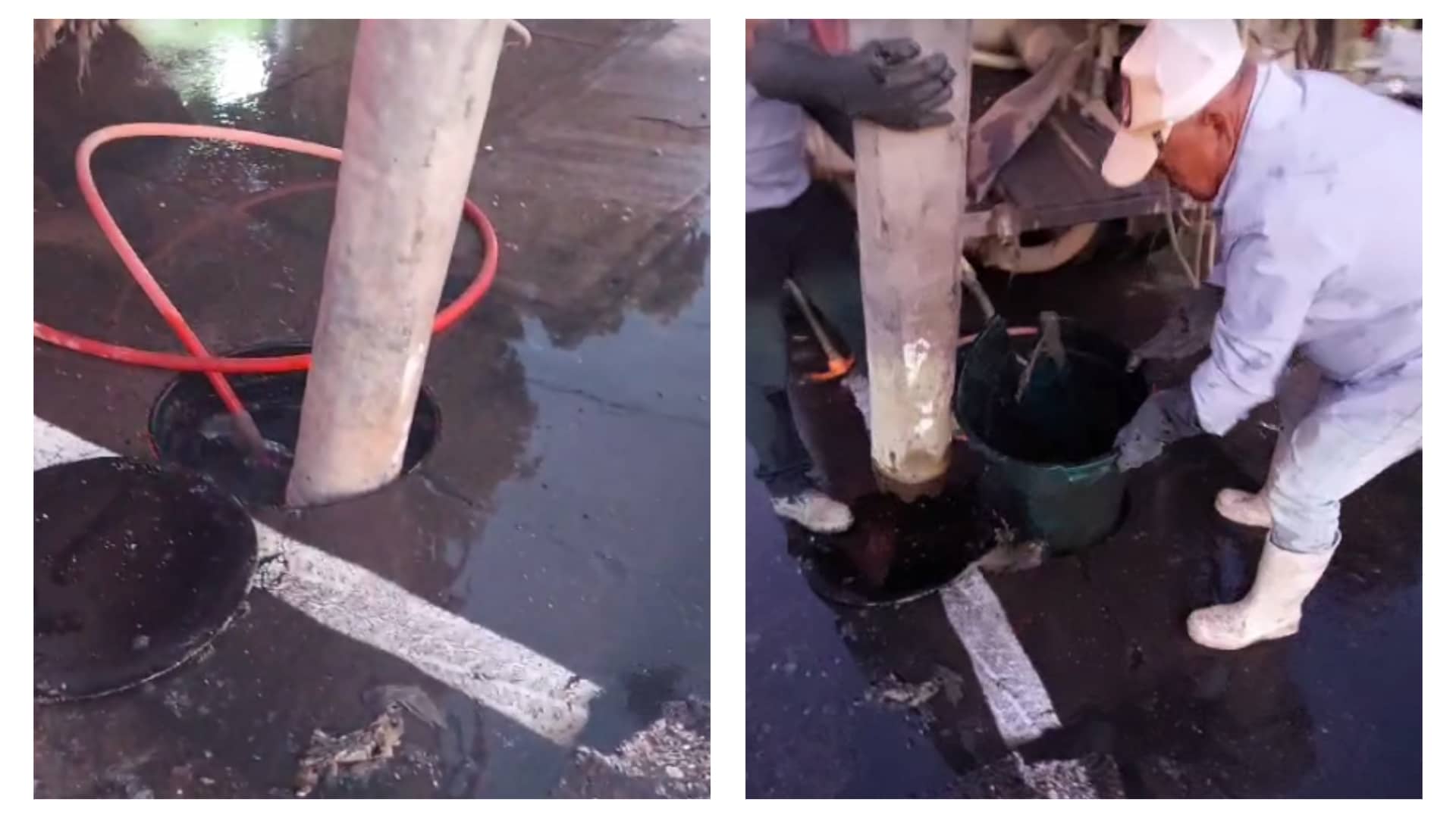 Personal de Jumapag atendiendo un brote de aguas negras en donde encontraron un bote para la basura al interior de la alcantarilla