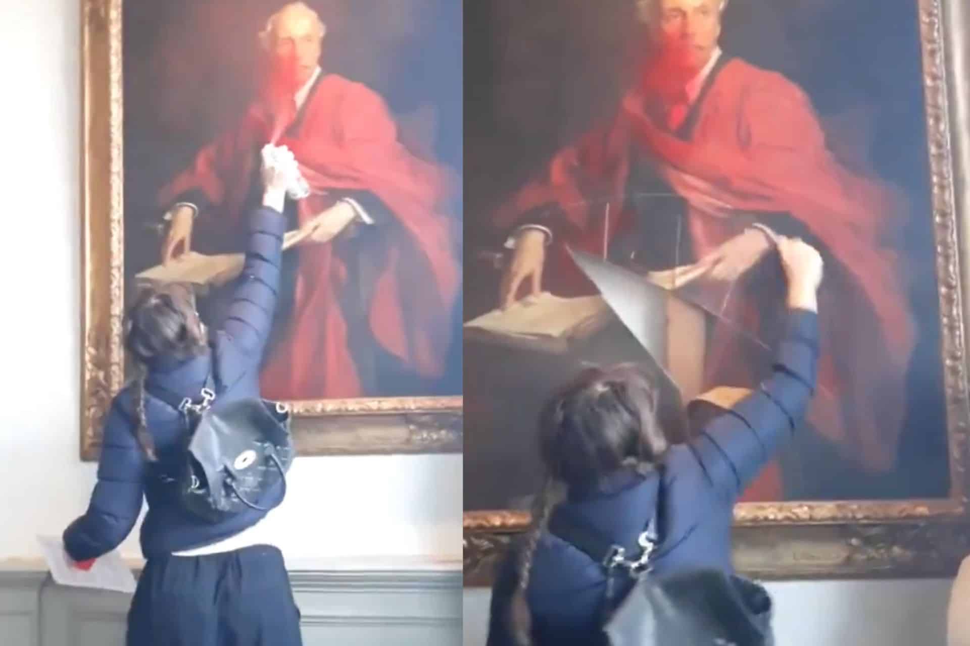 Activista propalestina destroza pintura de Pintura de Lord Balfour