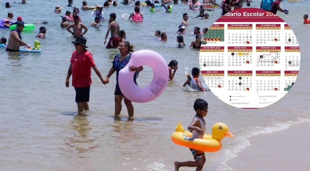 Edición de una foto con personas bañándose en la playa y el calendario escolar de la SEP en la esquina