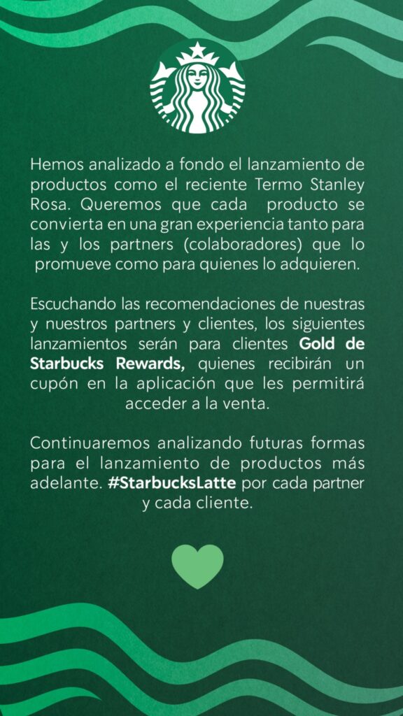 Comunicado de Starbucks en Instagram
