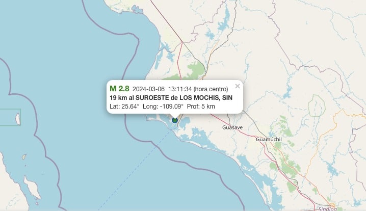 Mapa de Sinaloa con registro de sismo