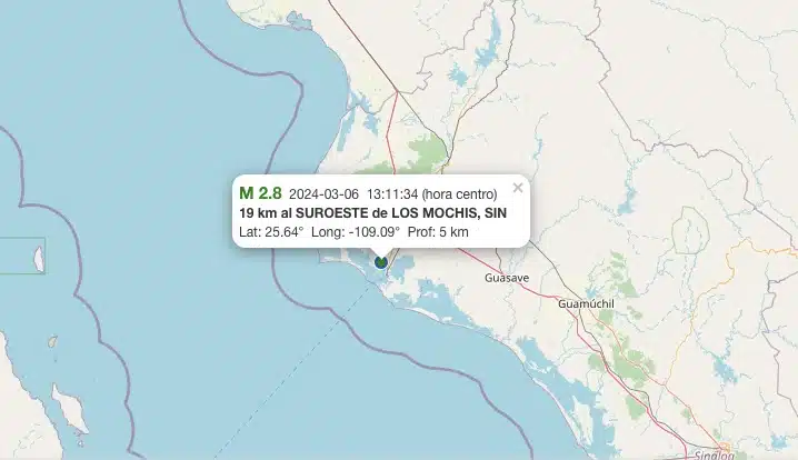 Mapa de Sinaloa con registro de sismo