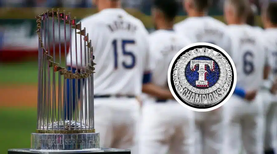 Rangers de Texas presentan lujoso anillo de campeones de Serie Mundial 2023.