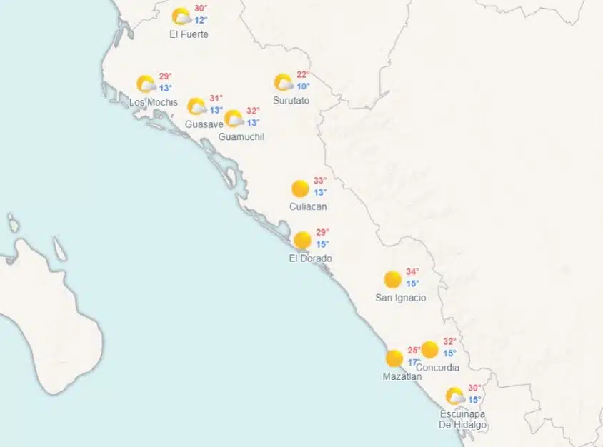 mapa de Sinaloa que muestra las temperaturas