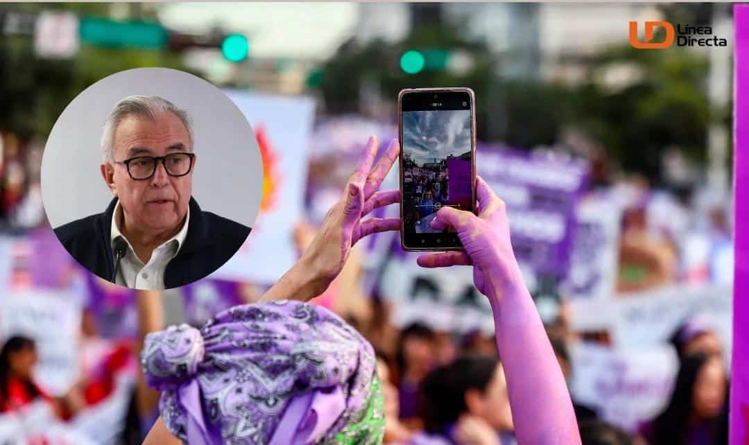 Manifestación de feministas y Rubén Rocha Moya