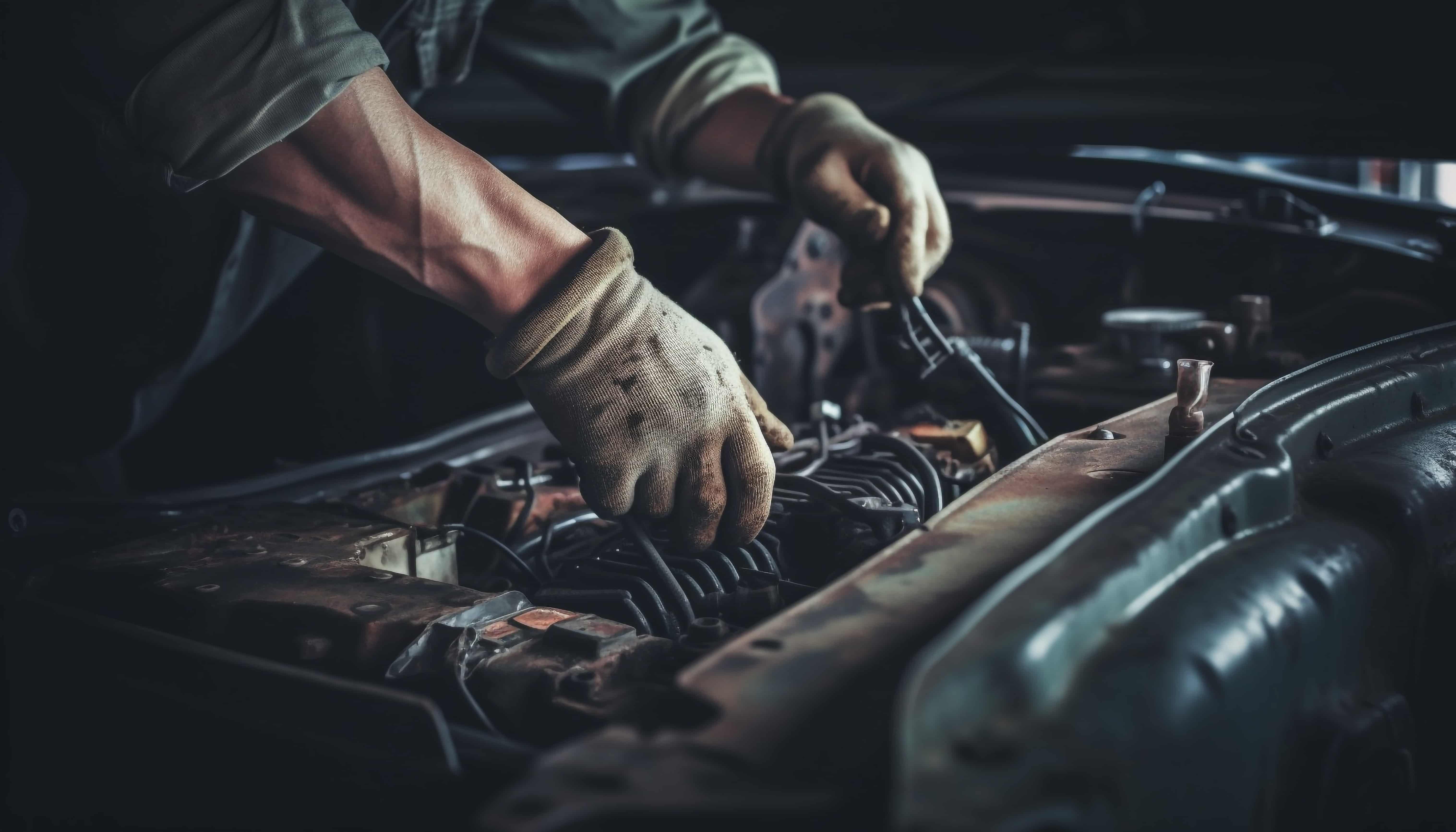Mecánico reparando motor de automóvil con herramienta de llave generada por inteligencia artificial