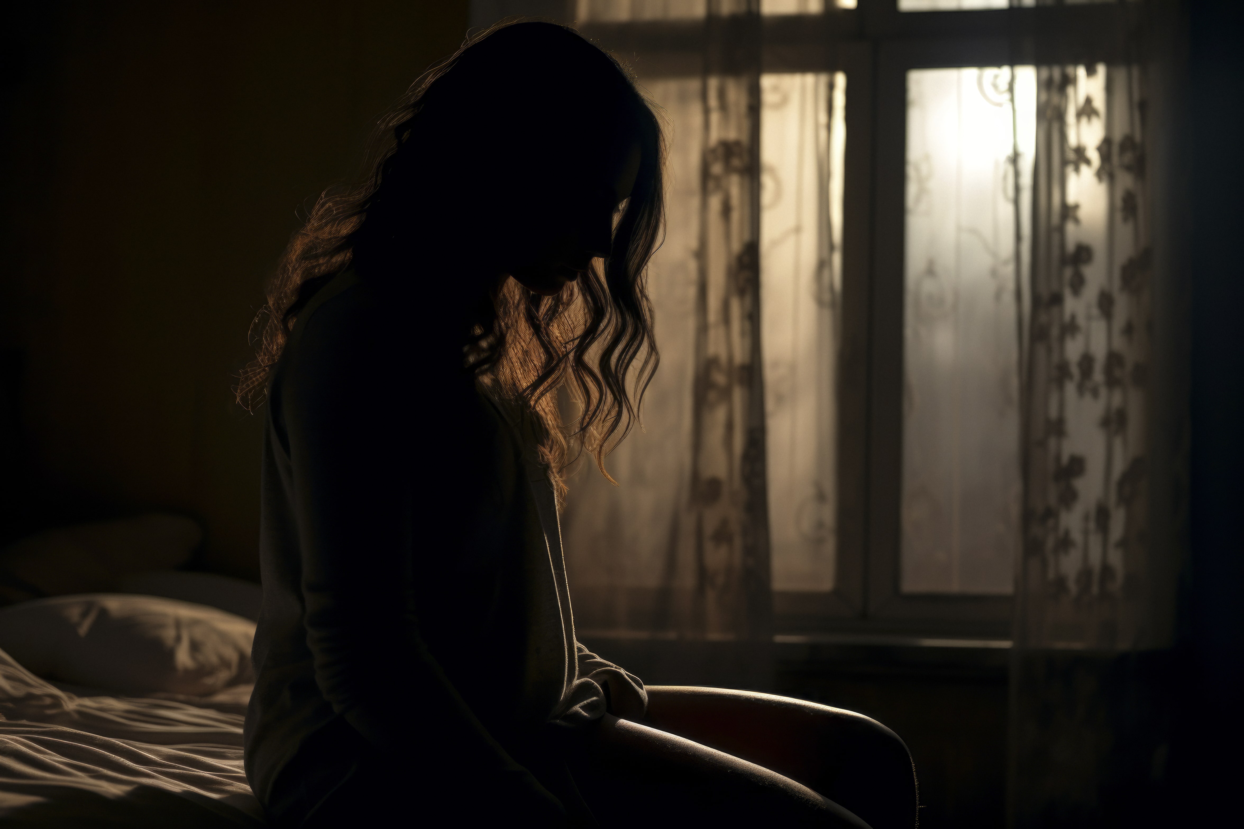 Mujer triste a oscuras en un cuarto
