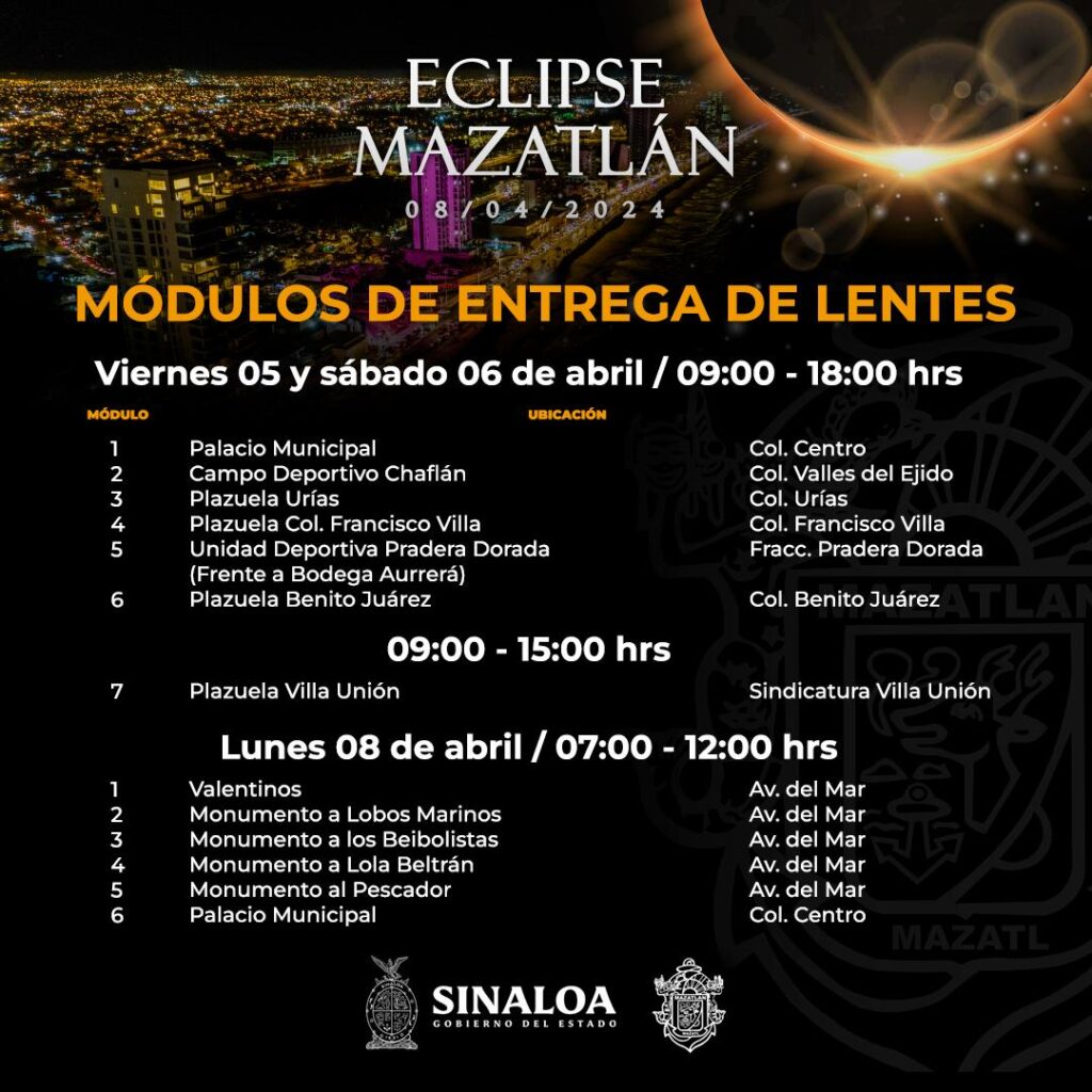 Módulos de entrega de lentes solares para el eclipse en Mazatlán