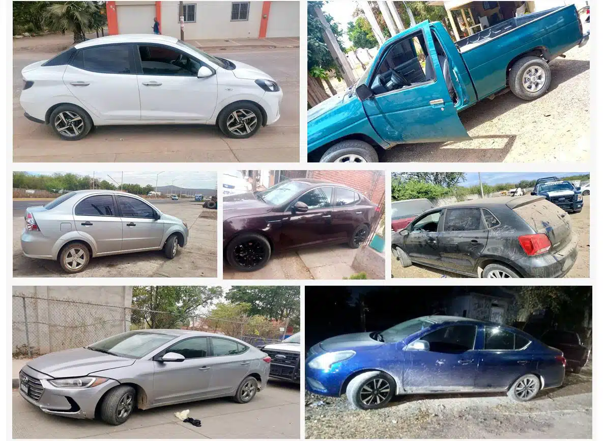 Autos y camioneta recuperadas por policías en Culiacán