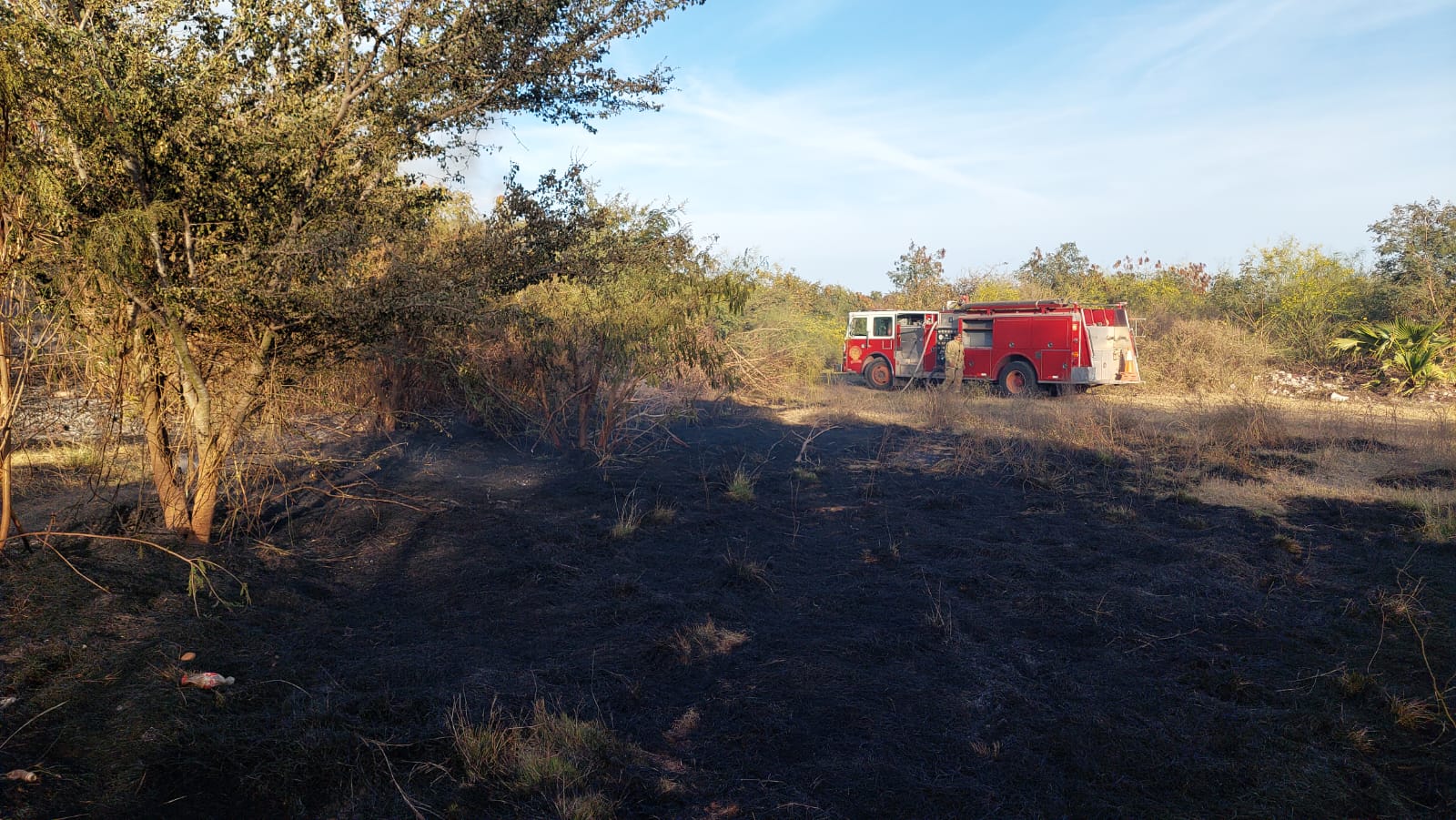 Elemento y camión de Bomberos en el lugar donde fue un incendio de un predio enmontado en Los Mochis