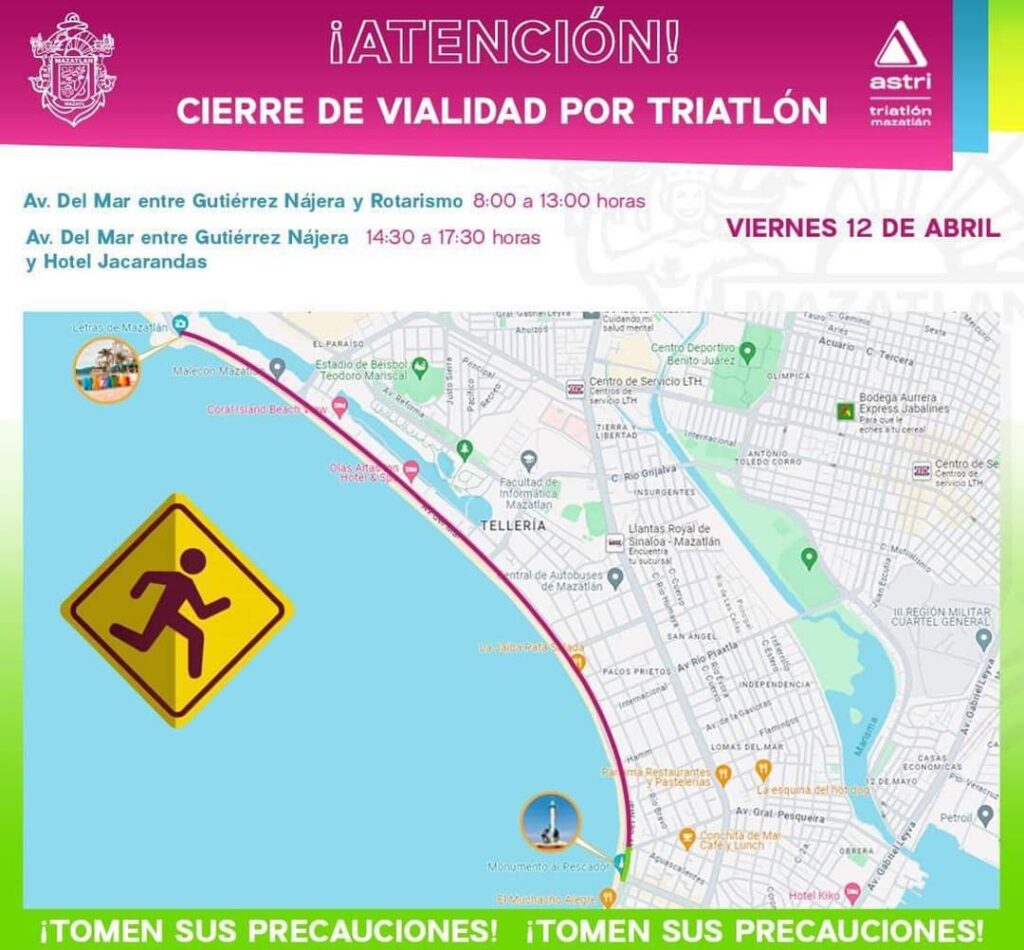 Cierre de vialidad por Triatlón Internacional AsTri Red Petroil Mazatlán 2024
