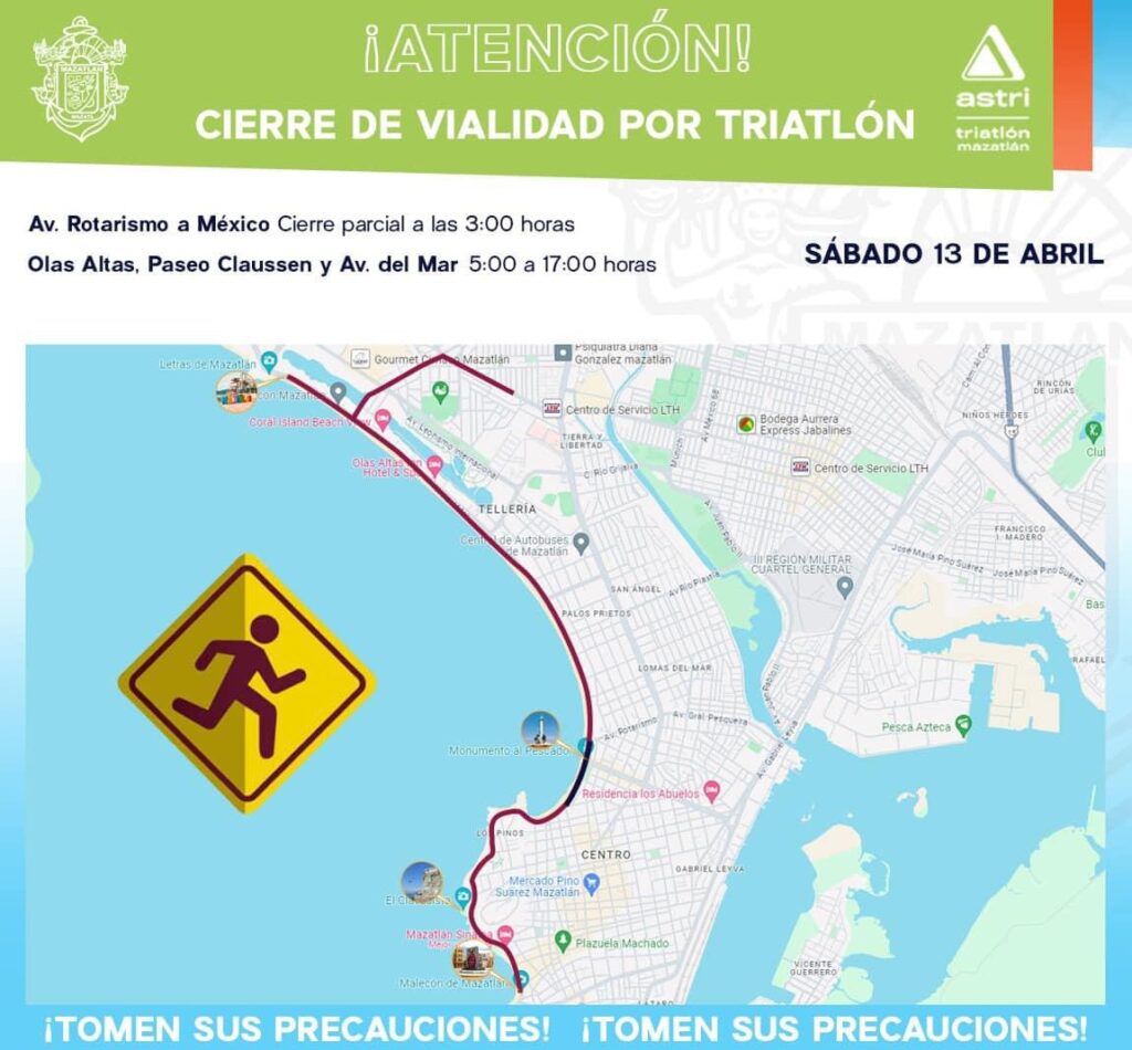 Cierre de vialidad por Triatlón Internacional AsTri Red Petroil Mazatlán 2024