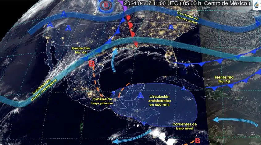 Mapa de sistemas meteorológicos hoy domingo 7 de abril en México.