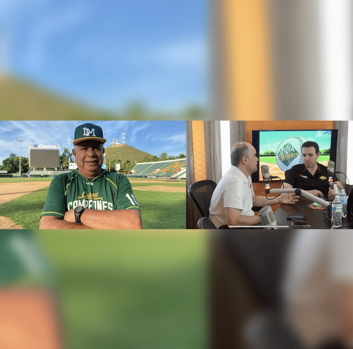 Félix José Fermín Minaya en un estadio de beisbol, Joaquín Vega Inzunza y Armando Baldenebro en el estudio de Línea Directa en Los Mochis