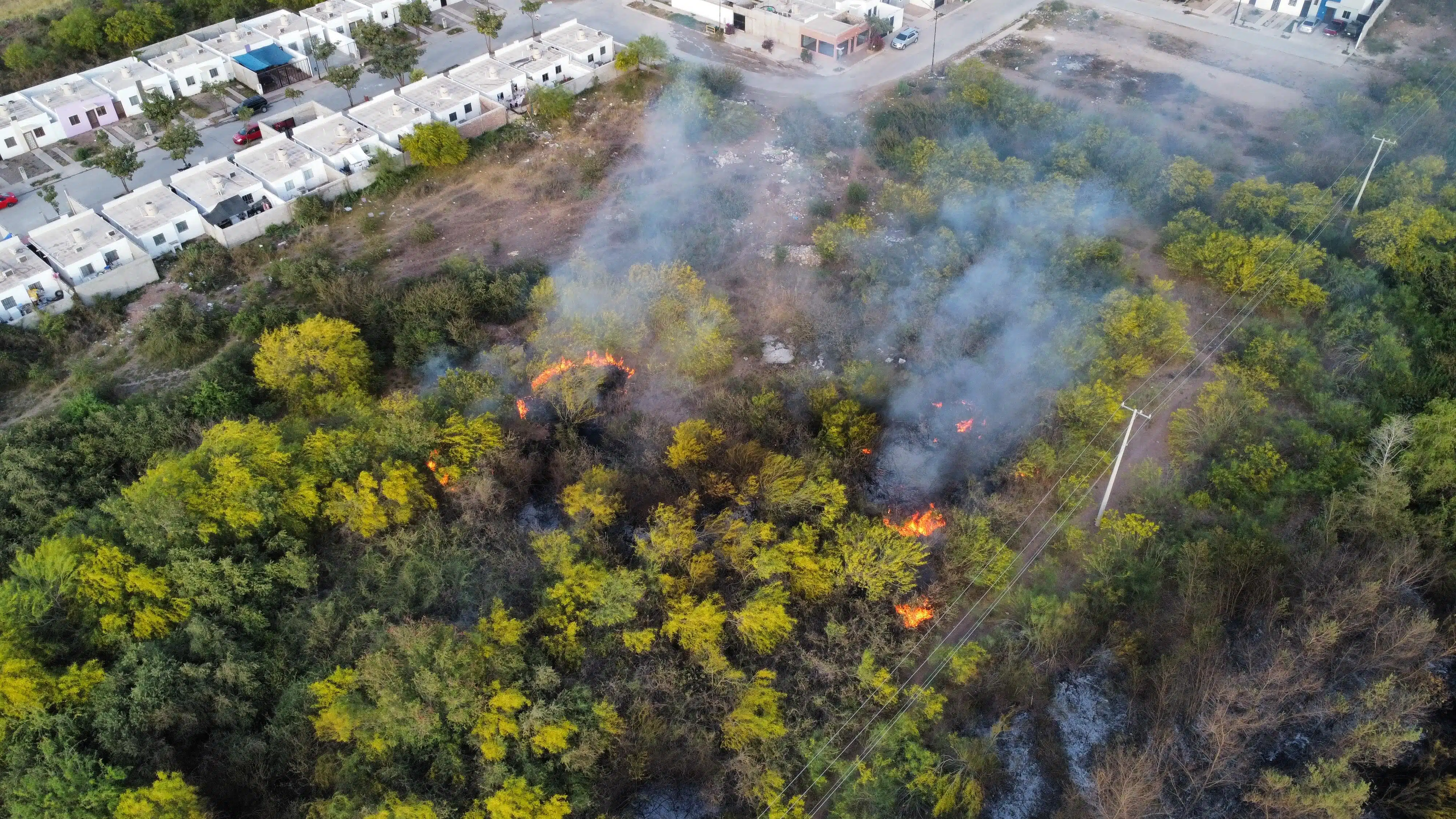 Vegetación incendiándose. Se observa fuego y humo y casas muy cerca