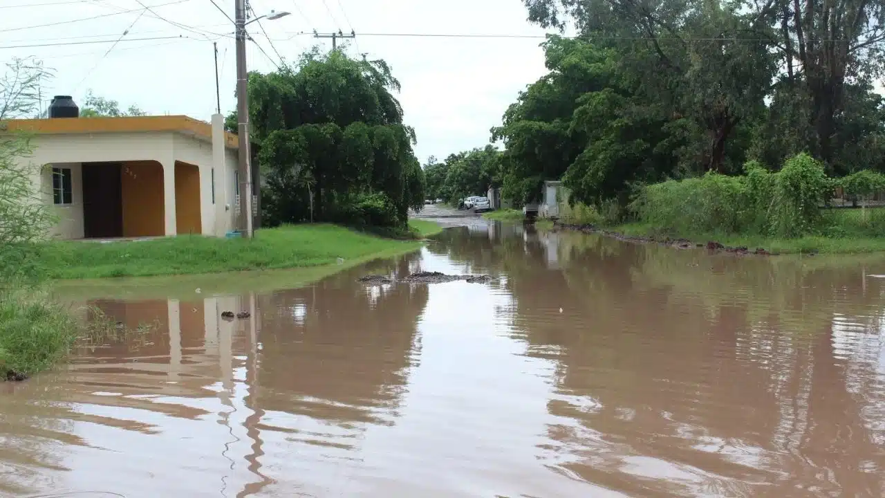 Calle inundada en una colonia de Guasave