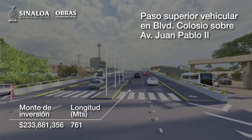 Diseño de como quedará el puente desnivel de paso vehicular en Blvd. Colosio sobre Av. Juan Pablo II en Mazatlán