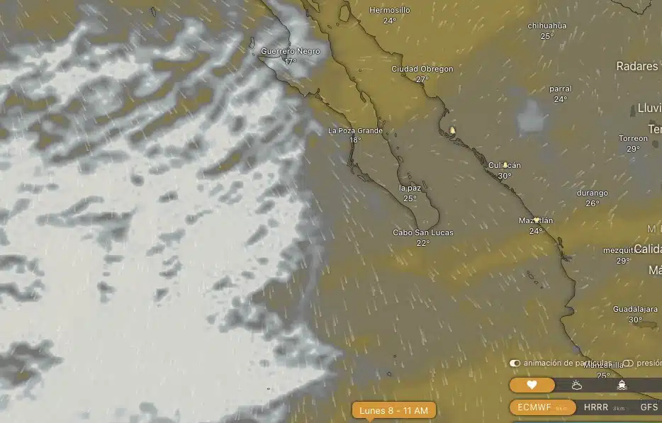 El servicio Windy muestra arrastre de humedad desde el Pacífico hacia el 8 de abril ¿podrían esas nubes opacar el eclipse total de Sol en Mazatlán?