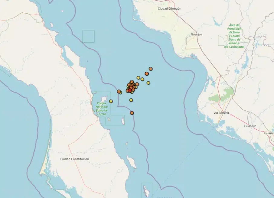 Mapa de sismos en BCS