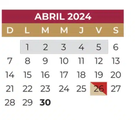 Calendario escolar del mes del abril 2024