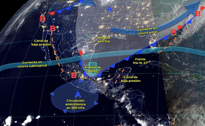 Mapa que muestra sistemas meteorológicos activos