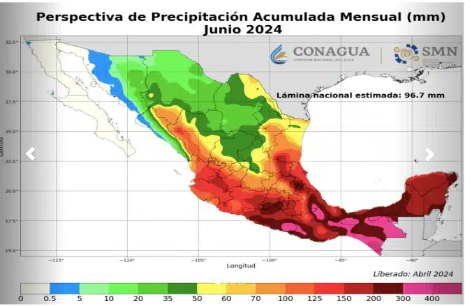 mapa de México que muestra zonas de lluvia en junio 2024