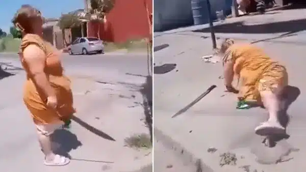 La mujer cae al suelo después de amenazar a trabajadores de la CFE con un machete