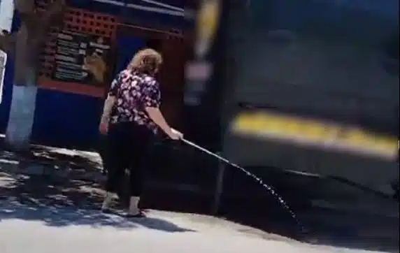 Mujer regando la calle