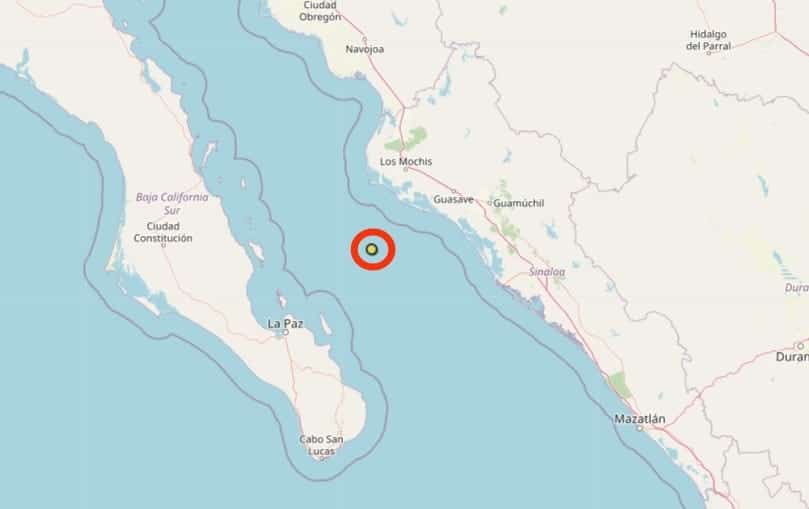 Mapa de Sinaloa que muestra zoan de sismo en circulo de color rojo