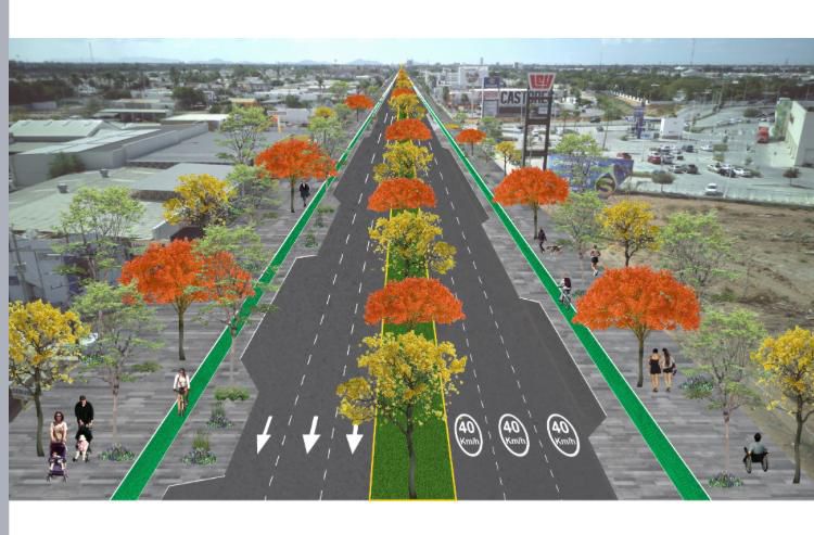 Así luce una nueva imagen del proyecto de remodelación del bulevar Adolfo López Mateos en Los Mochis, la cual incluye dos carriles de ciclovía y banquetas amplias para el peatón.