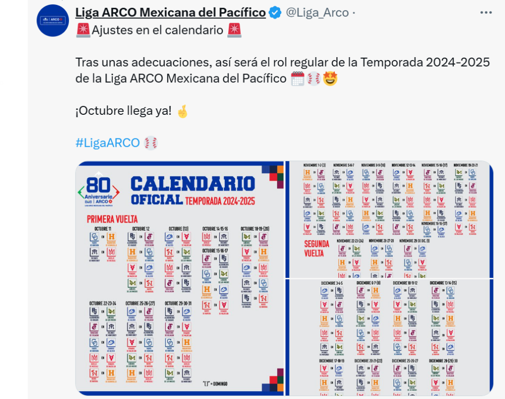 Twitter Calendario Liga ARCO Mexicana del Pacífico