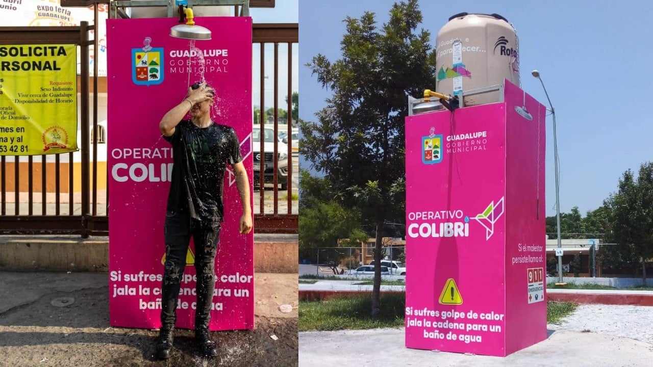 Colocan regaderas en calles de Nuevo León para refrescarse del intenso calor