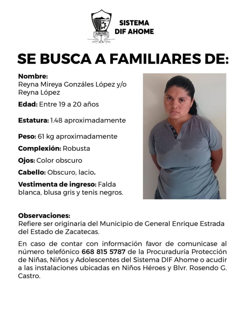 Ficha donde buscan a familiares de la joven Reyna López