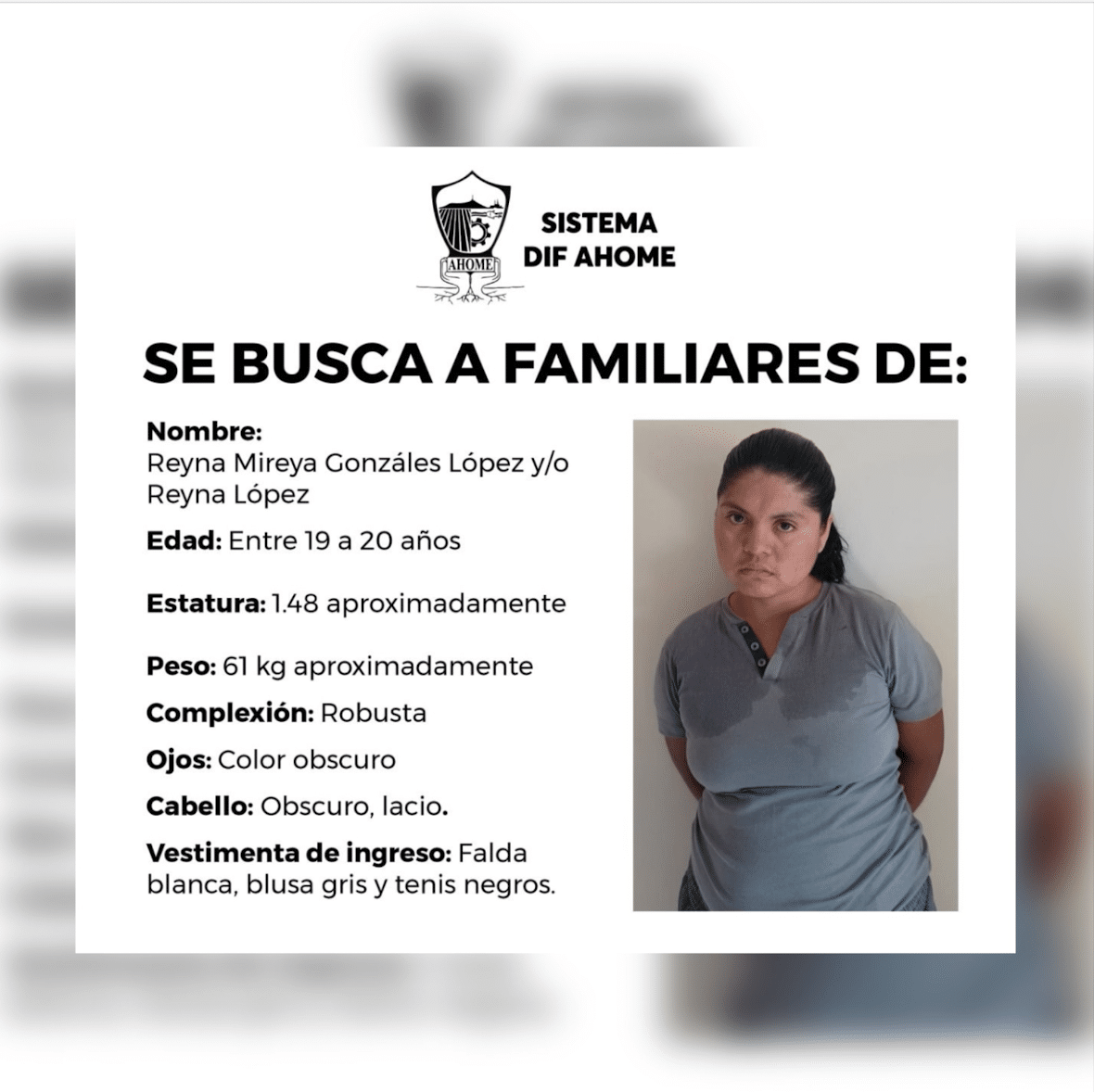 Ficha donde buscan a familiares de la joven Reyna López