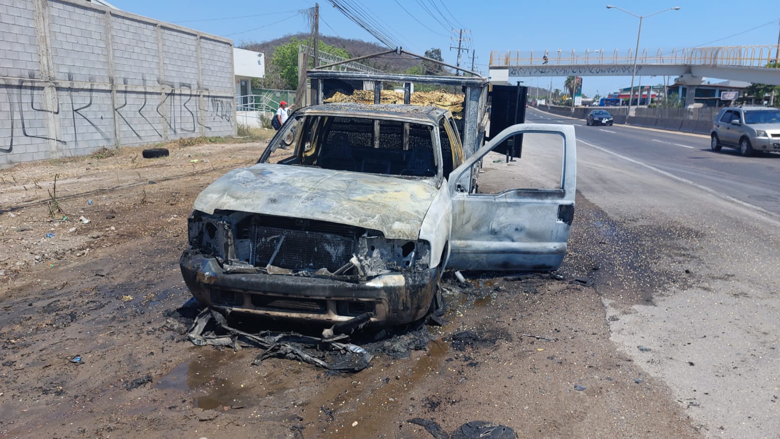 La camioneta que transportaba cerca de 4 toneladas de frijol fue consumida por las llamas.