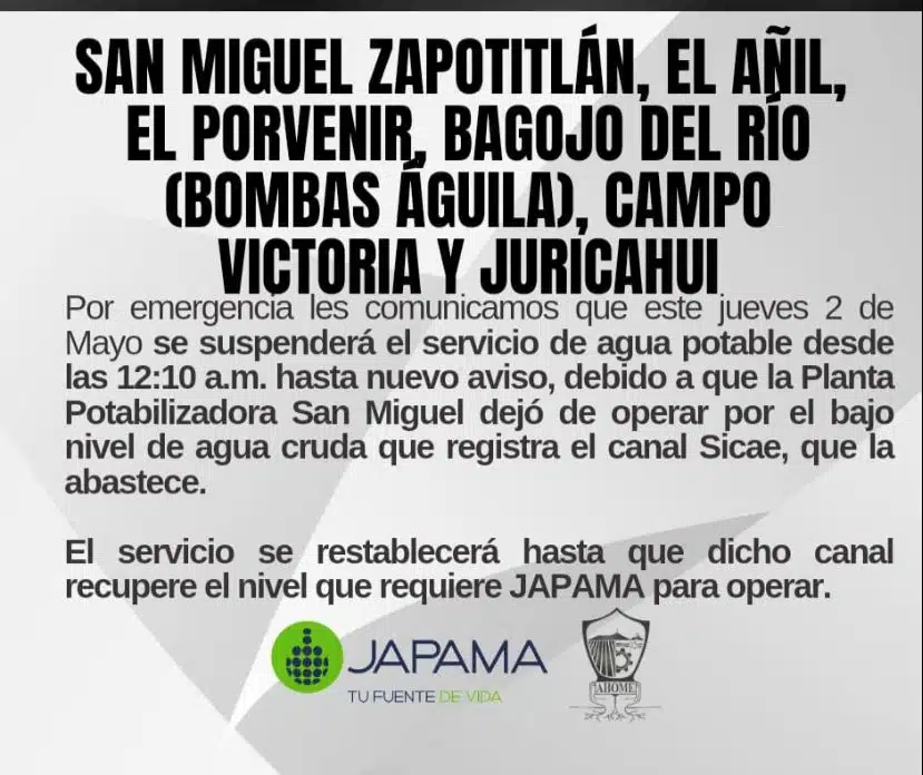 Japama aviso a comunidades