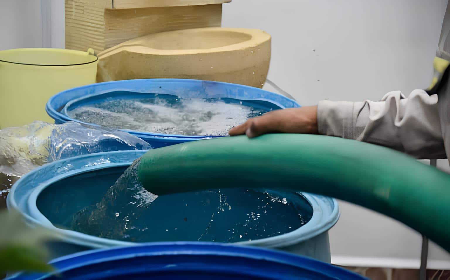 Manguera vaciando agua en tambos para almacenar