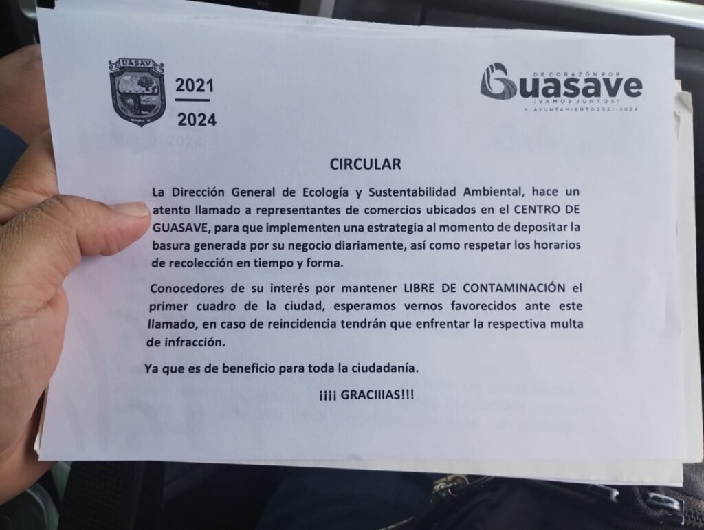 Atento aviso hace circular a habitamtes de Guasave sobre la recolección de basura 